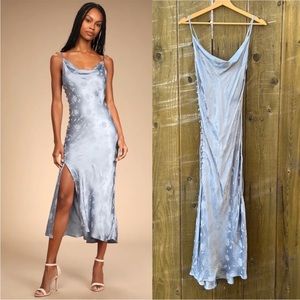 Silver Blue Floral Jacquard Satin Cowl Neck Slip Dress 🌿